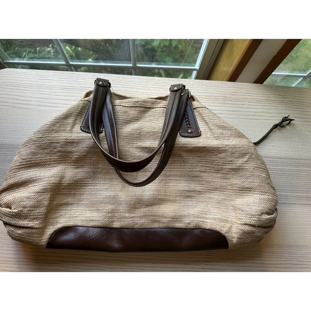 Vintage Fossil Genuine Classic 1954 Woven Straw Leather Shoulder Bag Tote Tan